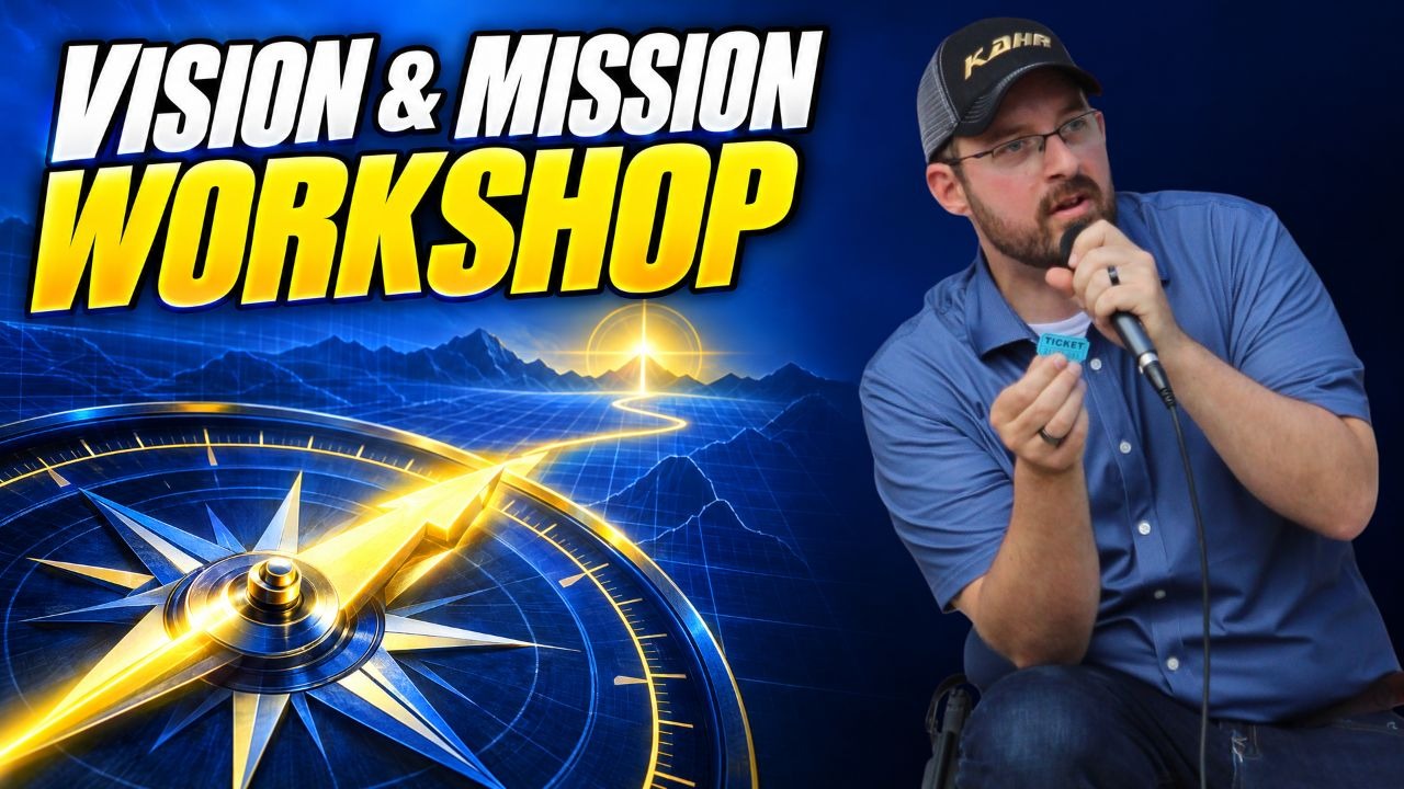 Vision and mission workshop for firearm businesses, featuring a compass, a path forward, and Andy Hallinan speaking